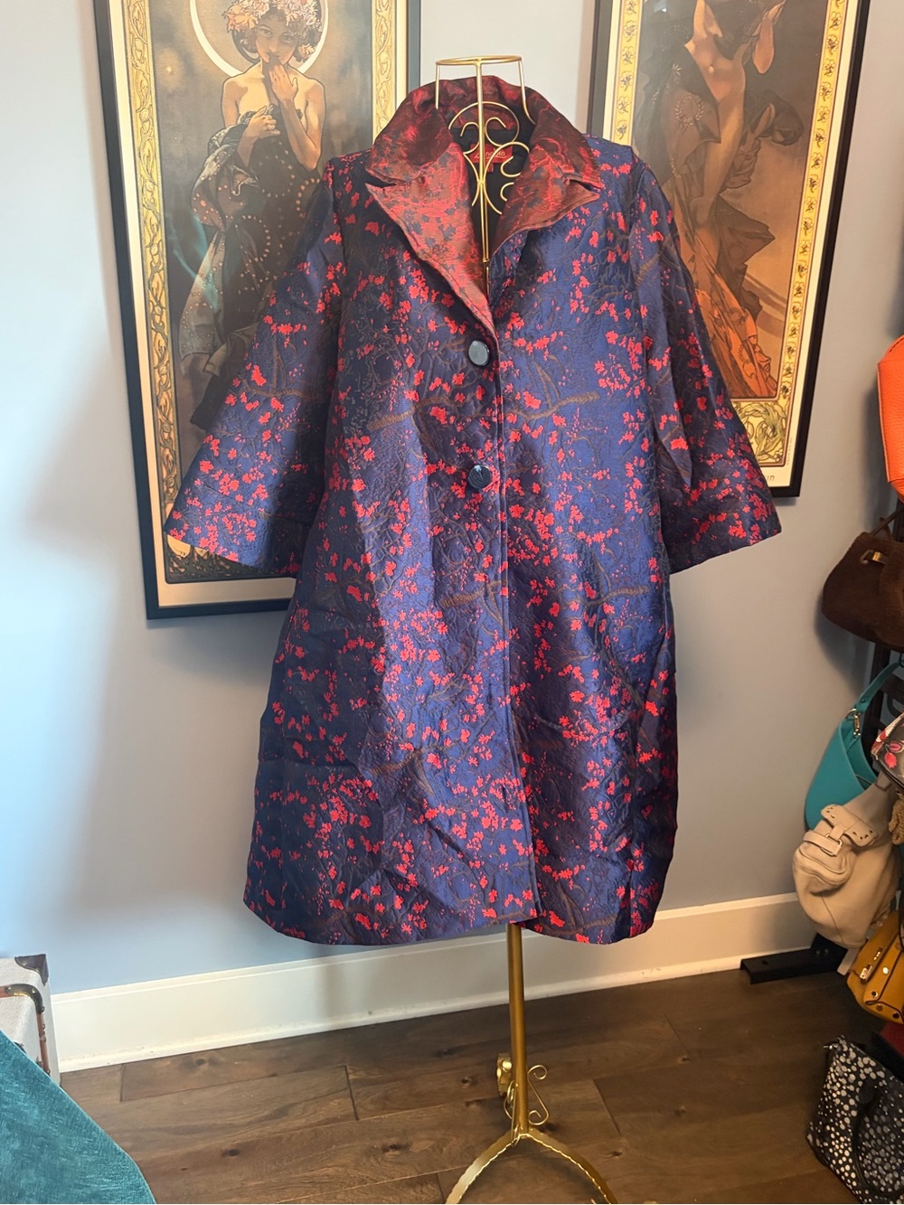 Zenobia Navy Coat with Red Floral Jacquard